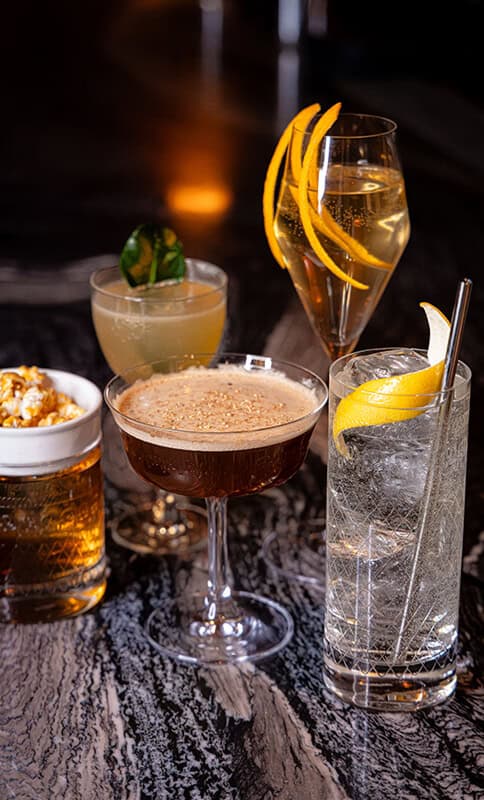 Elegant cocktails showcasing vibrant garnishes and sophisticated presentation at Order Of The Ace; perfect for upscale events and social gatherings.